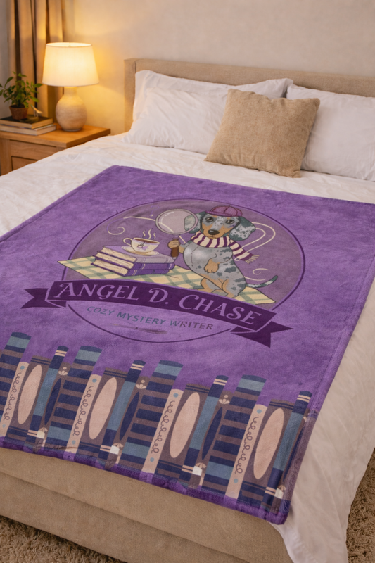 Cozy Mystery Dog Velveteen Plush Blanket β 'Angel D. Chase' Bookish Tea Time Design