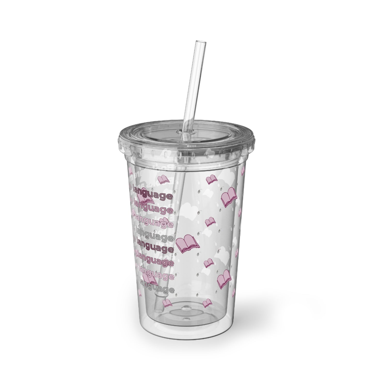 Acrylic Bookish Tumbler — “Books Are My Love Language” Pink Hearts & Books Cold Cup (16 oz)