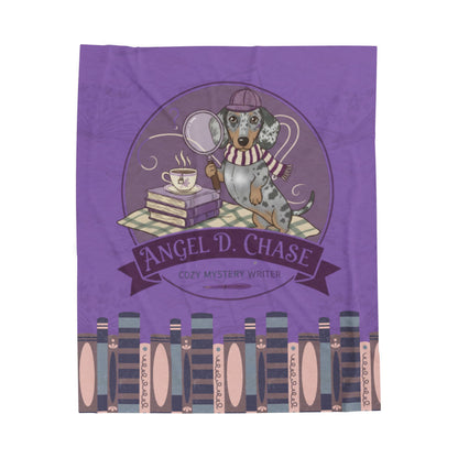 Cozy Mystery Dog Velveteen Plush Blanket – 'Angel D. Chase' Bookish Tea Time Design