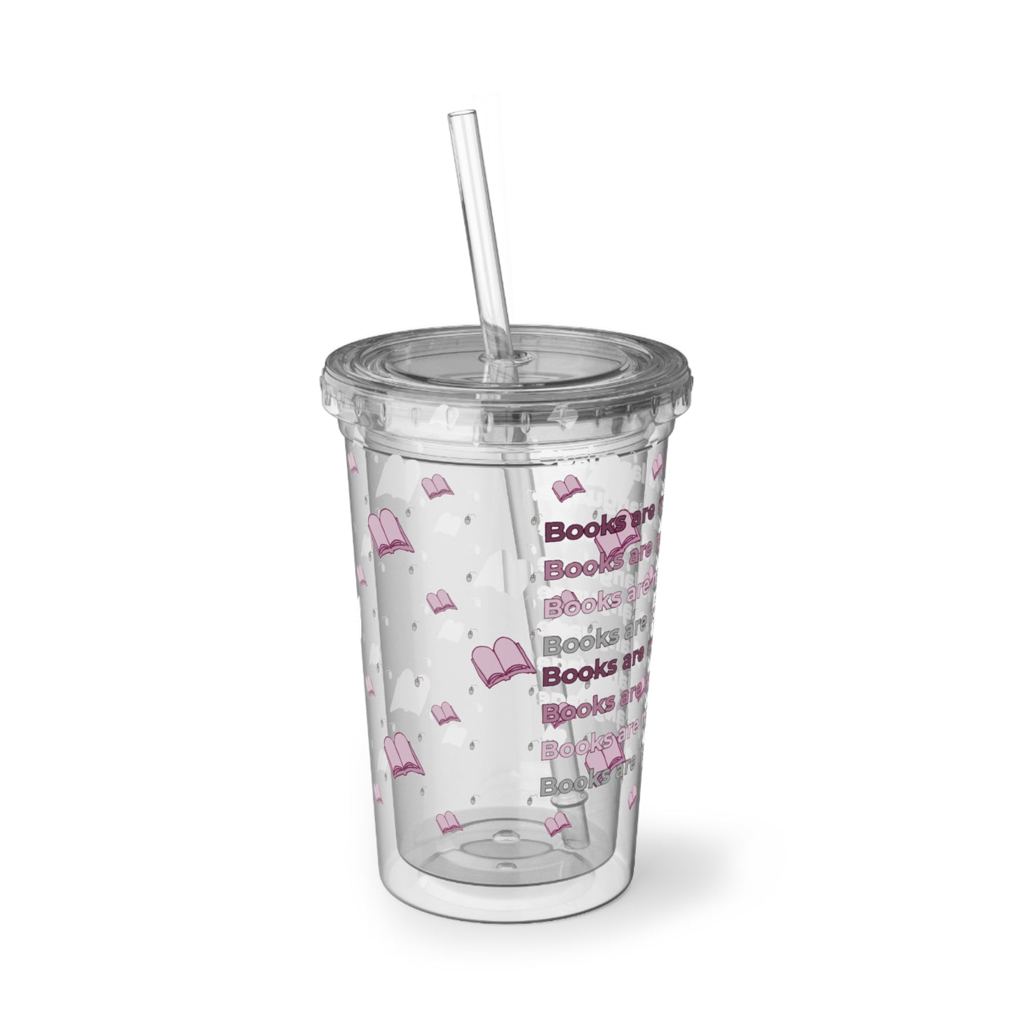 Acrylic Bookish Tumbler — “Books Are My Love Language” Pink Hearts & Books Cold Cup (16 oz)