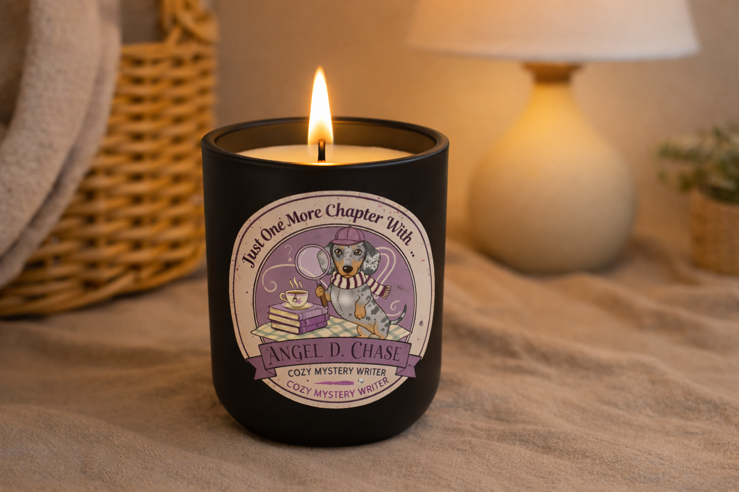 Cozy Mystery Candle — “Just One More Chapter with Angel D. Chase” 14 oz Soy Candle Laser-Engraved Glass