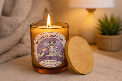Cozy Mystery Candle — “Just One More Chapter with Angel D. Chase” 14 oz Soy Candle Laser-Engraved Glass
