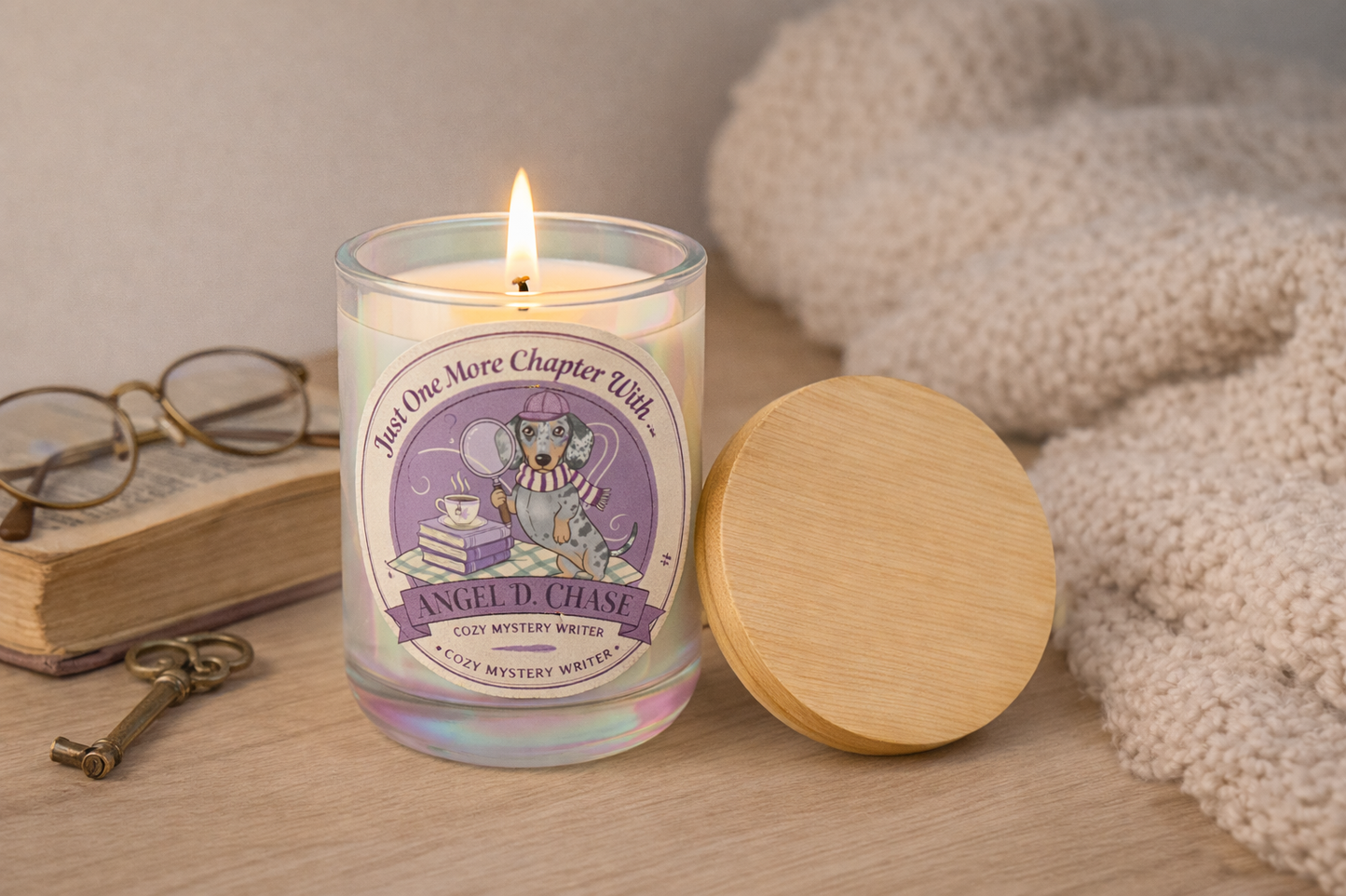 Cozy Mystery Candle — “Just One More Chapter with Angel D. Chase” 14 oz Soy Candle Laser-Engraved Glass