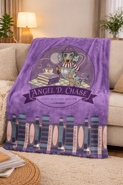 Cozy Mystery Dog Velveteen Plush Blanket – 'Angel D. Chase' Bookish Tea Time Design