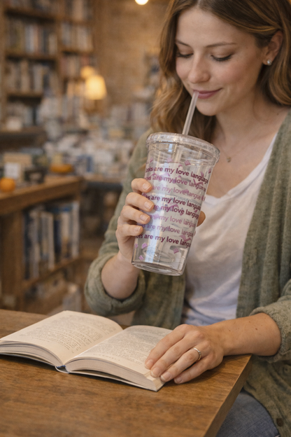 Acrylic Bookish Tumbler — “Books Are My Love Language” Pink Hearts & Books Cold Cup (16 oz)