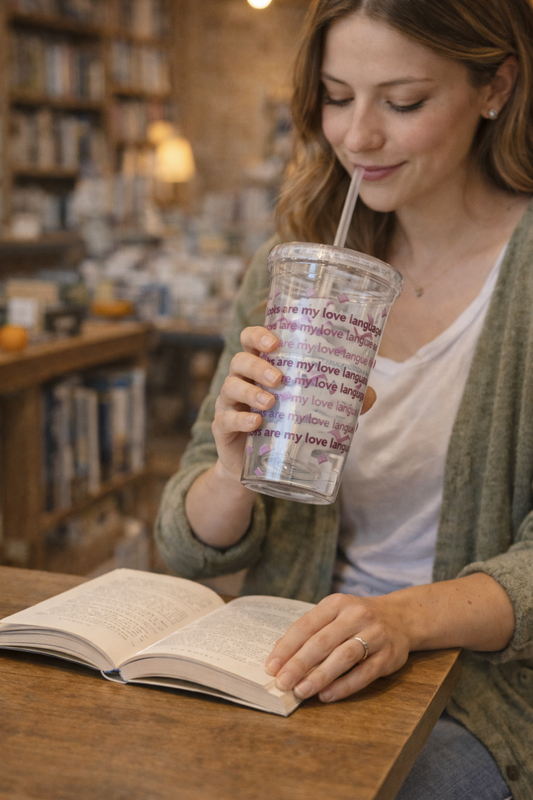 Acrylic Bookish Tumbler — “Books Are My Love Language” Pink Hearts & Books Cold Cup (16 oz)