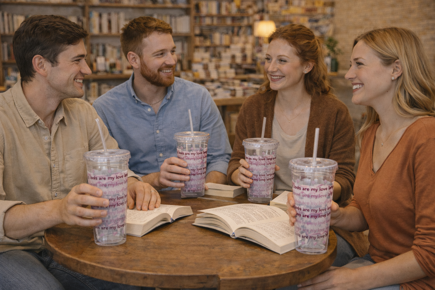 Acrylic Bookish Tumbler — “Books Are My Love Language” Pink Hearts & Books Cold Cup (16 oz)