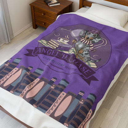 Cozy Mystery Dog Velveteen Plush Blanket – 'Angel D. Chase' Bookish Tea Time Design