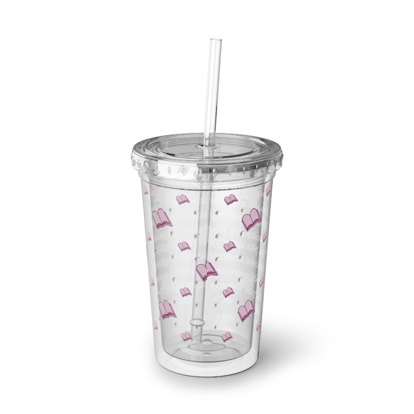 Acrylic Bookish Tumbler — “Books Are My Love Language” Pink Hearts & Books Cold Cup (16 oz)