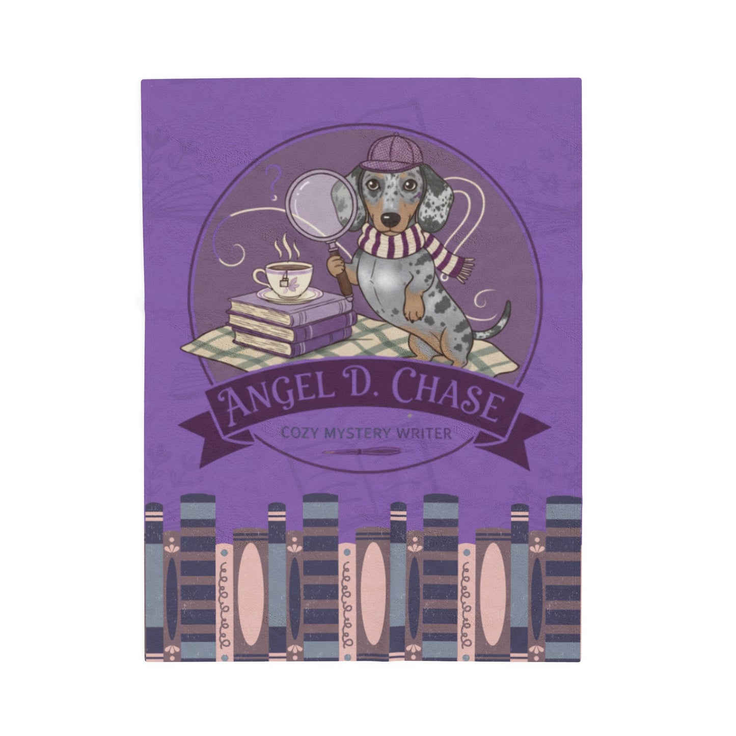 Cozy Mystery Dog Velveteen Plush Blanket – 'Angel D. Chase' Bookish Tea Time Design
