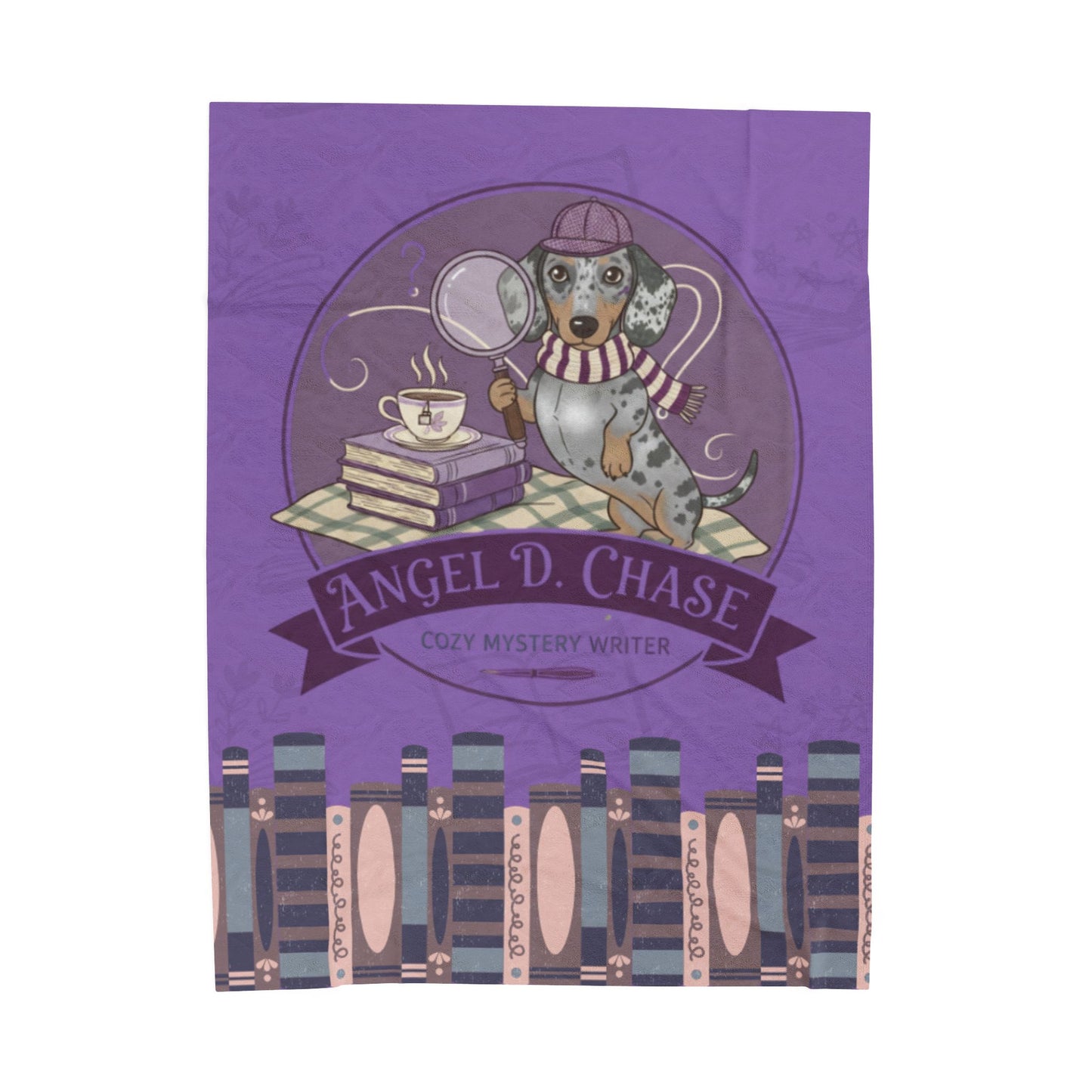 Cozy Mystery Dog Velveteen Plush Blanket – 'Angel D. Chase' Bookish Tea Time Design